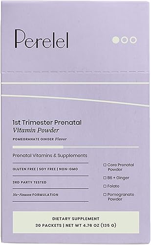 Perelel Polvo multivitamínico prenatal para el primer trimestre  Fórmula diaria sin náuseas con vitaminas prenatales + folato metilado + vitamina D