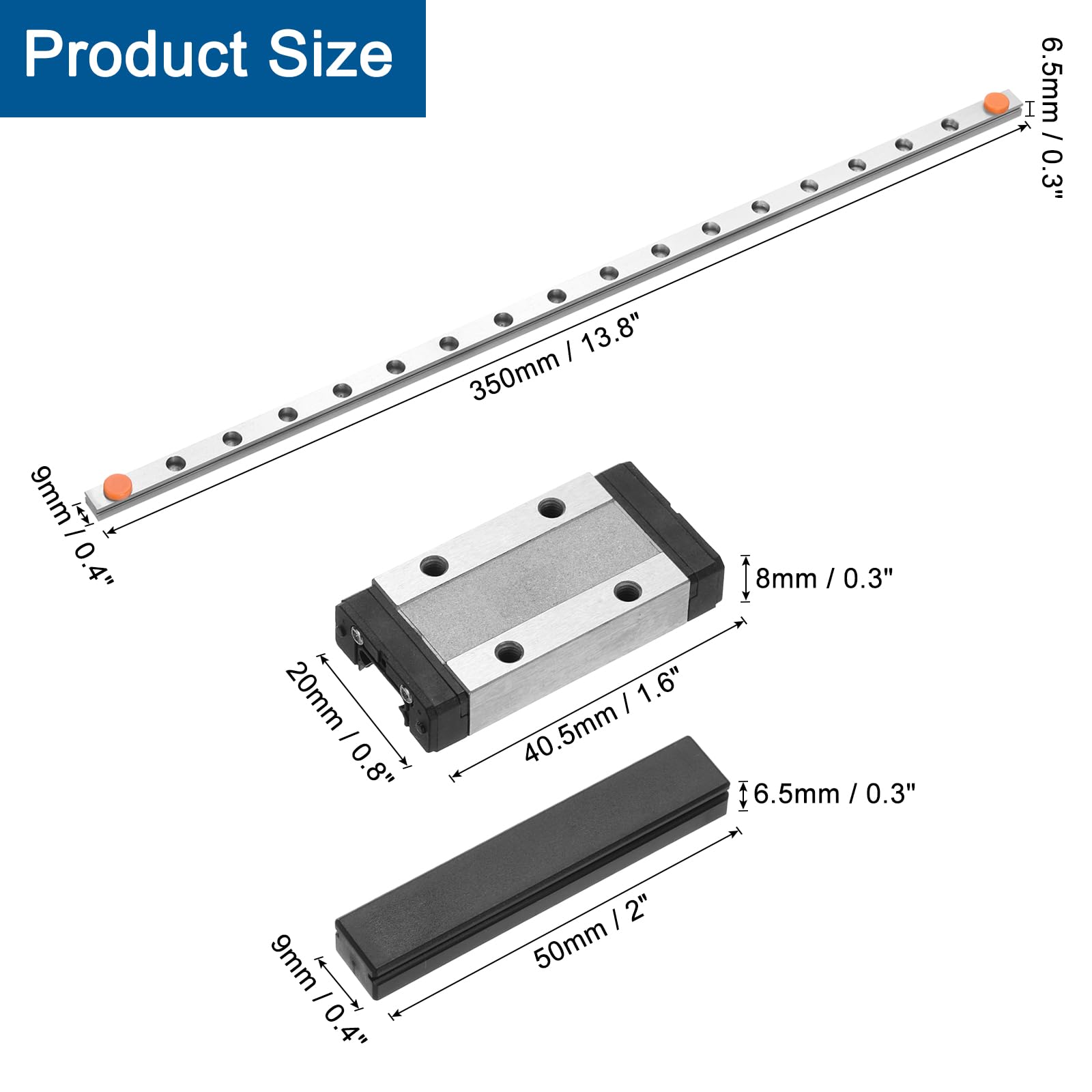 QUARKZMAN MGN9 350 mm prowadnica liniowa z blokiem przesuwnym MGN9H ze stali i tworzywa sztucznego do drukarek 3D i maszyn CNC, srebrny