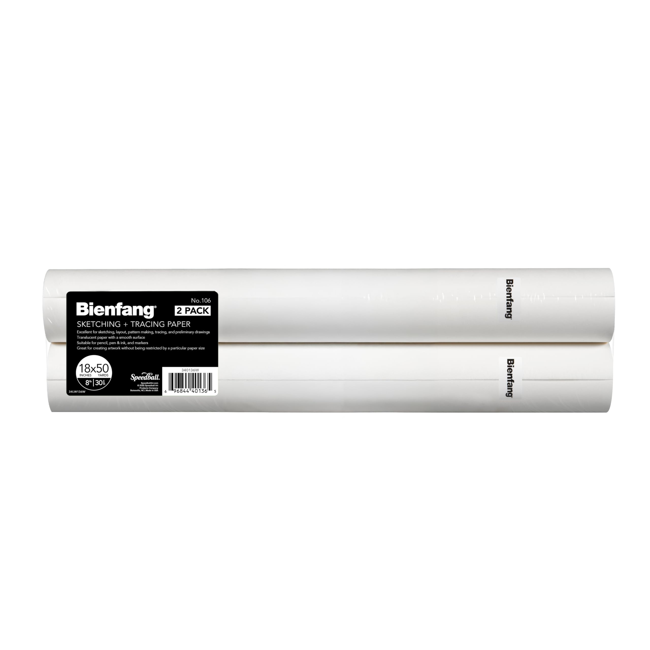 Bienfang Sketching & Tracing Paper Roll, White, 18 Inches x 50 Yards (2-Pack) - for Drawing, Trace, Sketch, Sewing Pattern