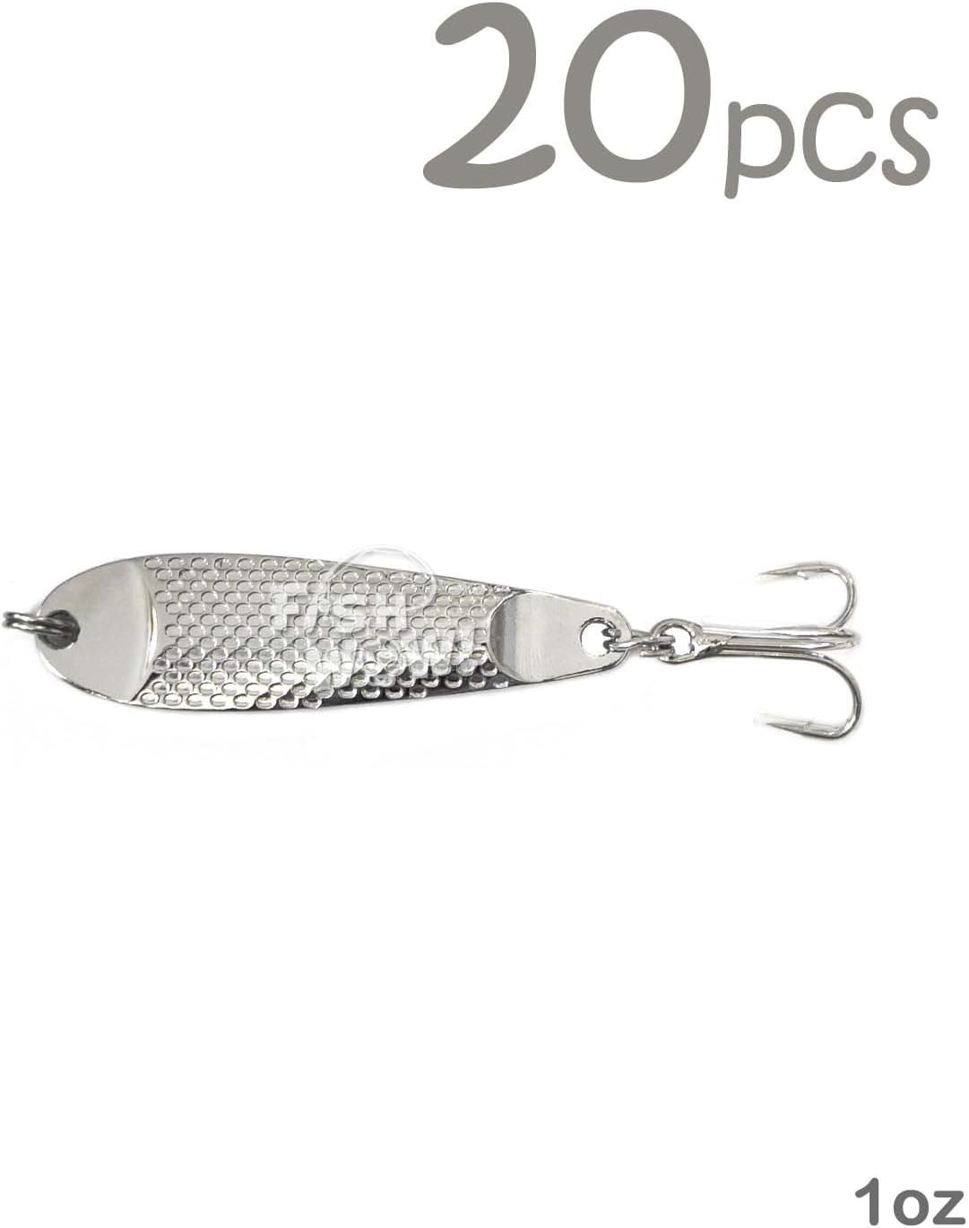 20pcs Fish WOW! 1oz Casting Spoon Jig Lures Hammered Spoons with a Treble Hook - Silver