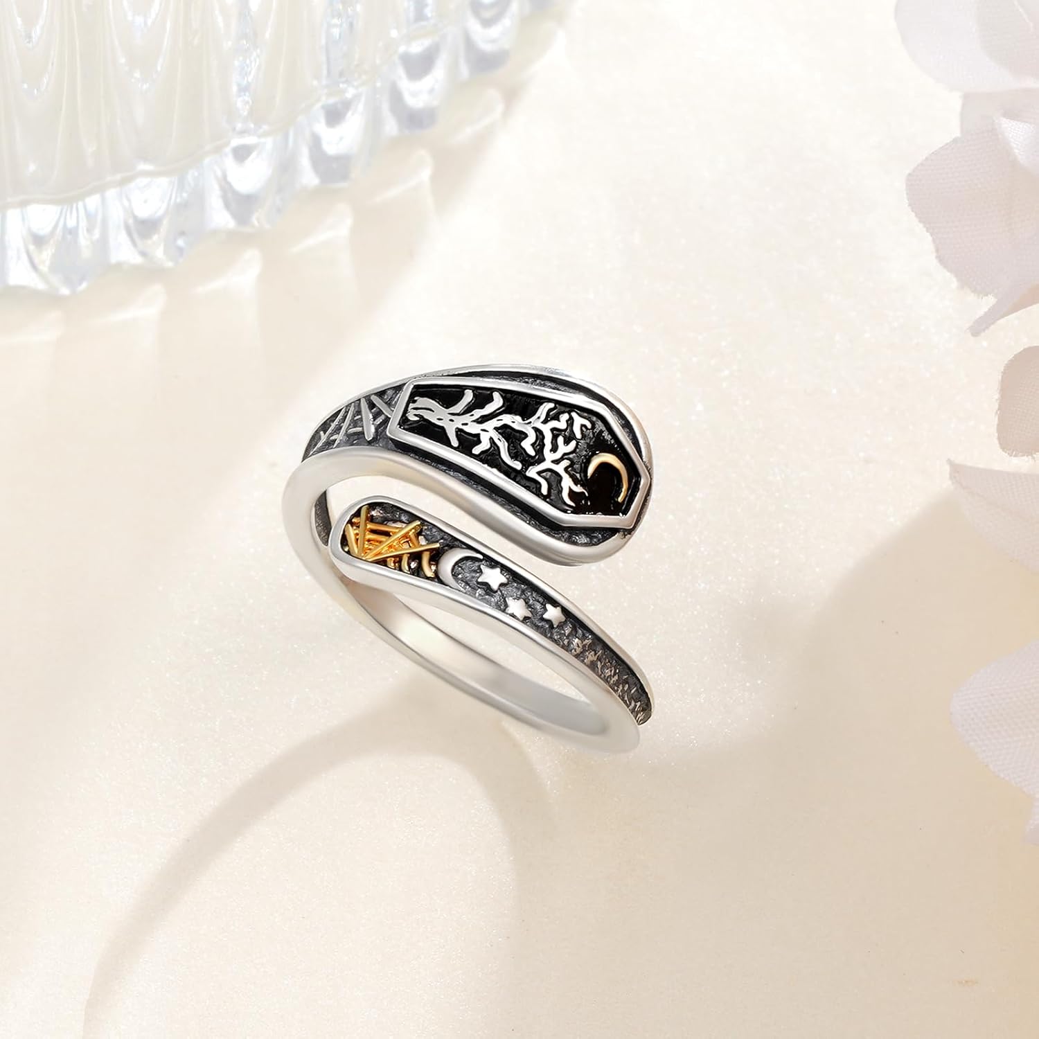 Coffin Ring 925 Sterling Silver Gothic Coffin Adjustable Ring Halloween Jewelry Goth Gifts for Women