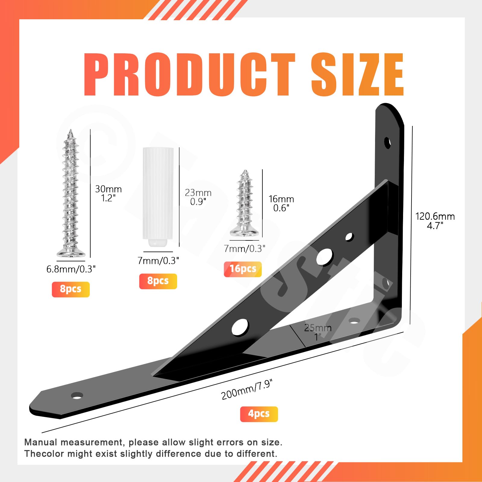 Tanstic 4 Pack 8 Inch L Shape Shelf Brackets, Heavy Duty Decorative Shelf Brackets Wall Mounted Floating Shelf Bracket, L Corner Brace Angle Brackets Shelf Support with Screws for DIY Shelving(Black) - Image 2