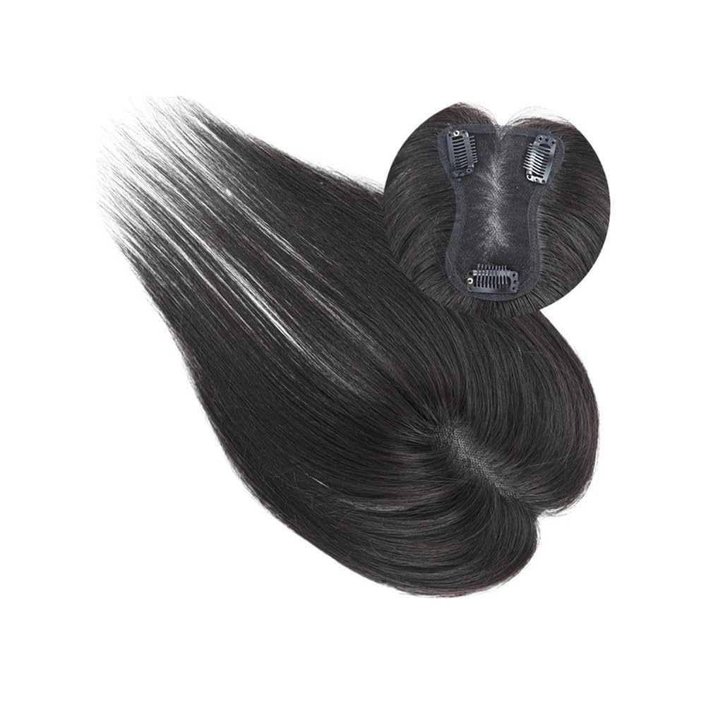 Topper per capelli umani con frangia 8 x 11 cm, base in pizzo svizzero, parrucca morbida, leggera e traspirante con 3 clip, linea di capelli naturali per le donne (nero naturale)