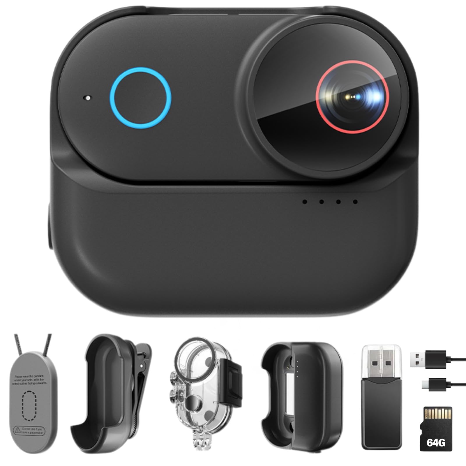 T71M Caméra Sport 4K, Mini Caméra POV avec EIS 6 Axes, Grand Angle 154°, Carte 64 Go,Étui de Charge, Pendentif Magnétique, Supports Guidon et Casque, Caisson Étanche 30m