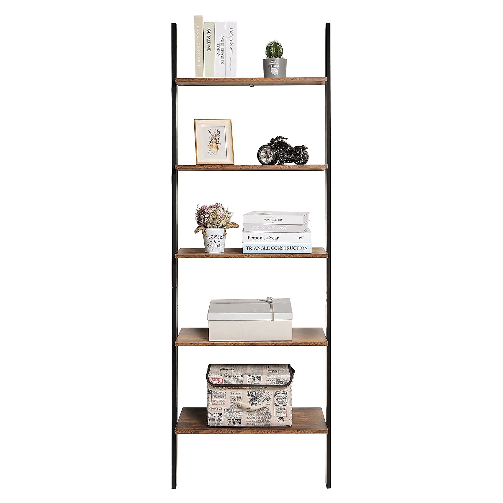 IWELL Ladder Shelf, 5Tier Leaning Bookshelf, Retro Storage Shelves