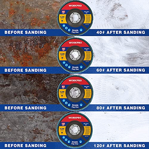 WORKPRO Discos Abrasivos 10-piezas, Discos de Láminas, Discos para Amoladoras Angulares ø 125 mm, Muilti granos 40,60,80,120, para Acero Inoxidable, Metal/Acero y Madera - imagen 6