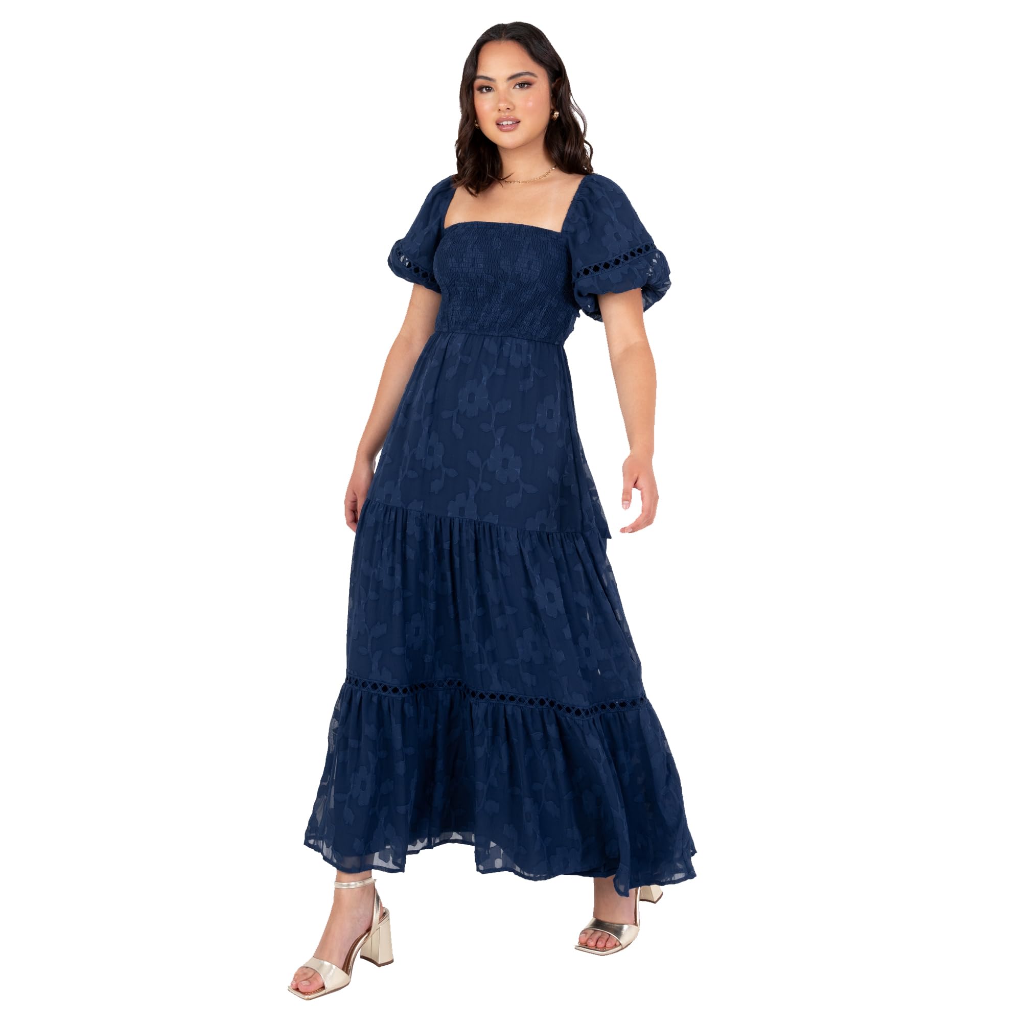 Lovedrobe Women's Maxi Ladies Square Neckline Puff Sleeve Tiered Hem Floral Chiffon Shirred A-line Tie Back Milkmaid Dress