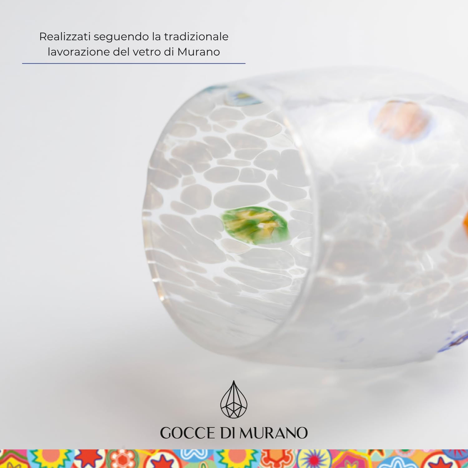 Gocce di Murano 6 Bicchieri Acqua Lavorati Secondo la Tradizione degli Artigiani di Murano, Bicchiere Soffiato e Lavorato a Mano 300 ml - Bicchieri Acqua Vetro Arcobaleno Pioggia
