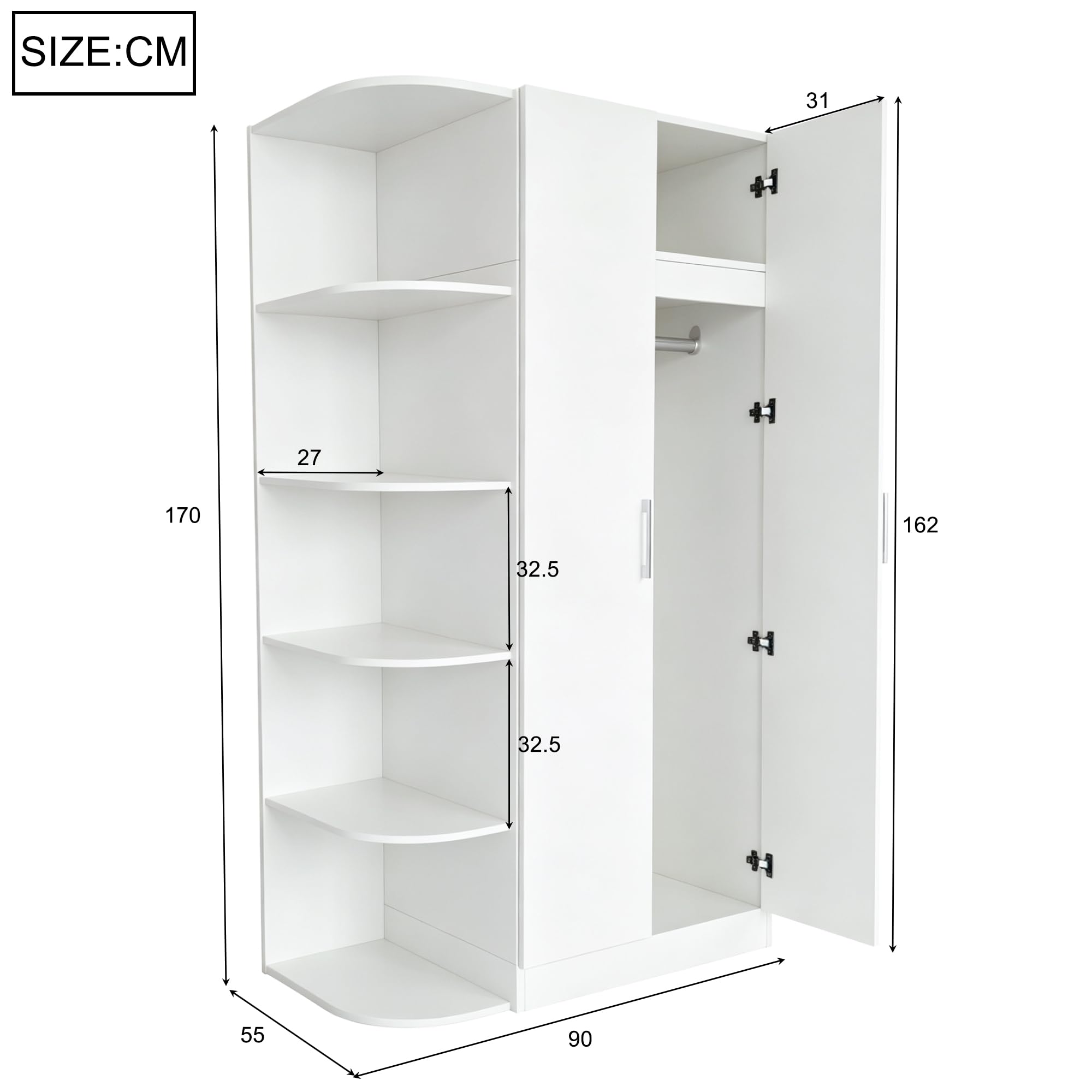 2-türig Kleiderschrank mit Regalböden und Schubladen, Zweitüriger Schrank Garderobenschrank Mehrzweckschrank für Schlafzimmer, Kinderzimmer Flur & Büro, Weiß, 90x55x170 cm