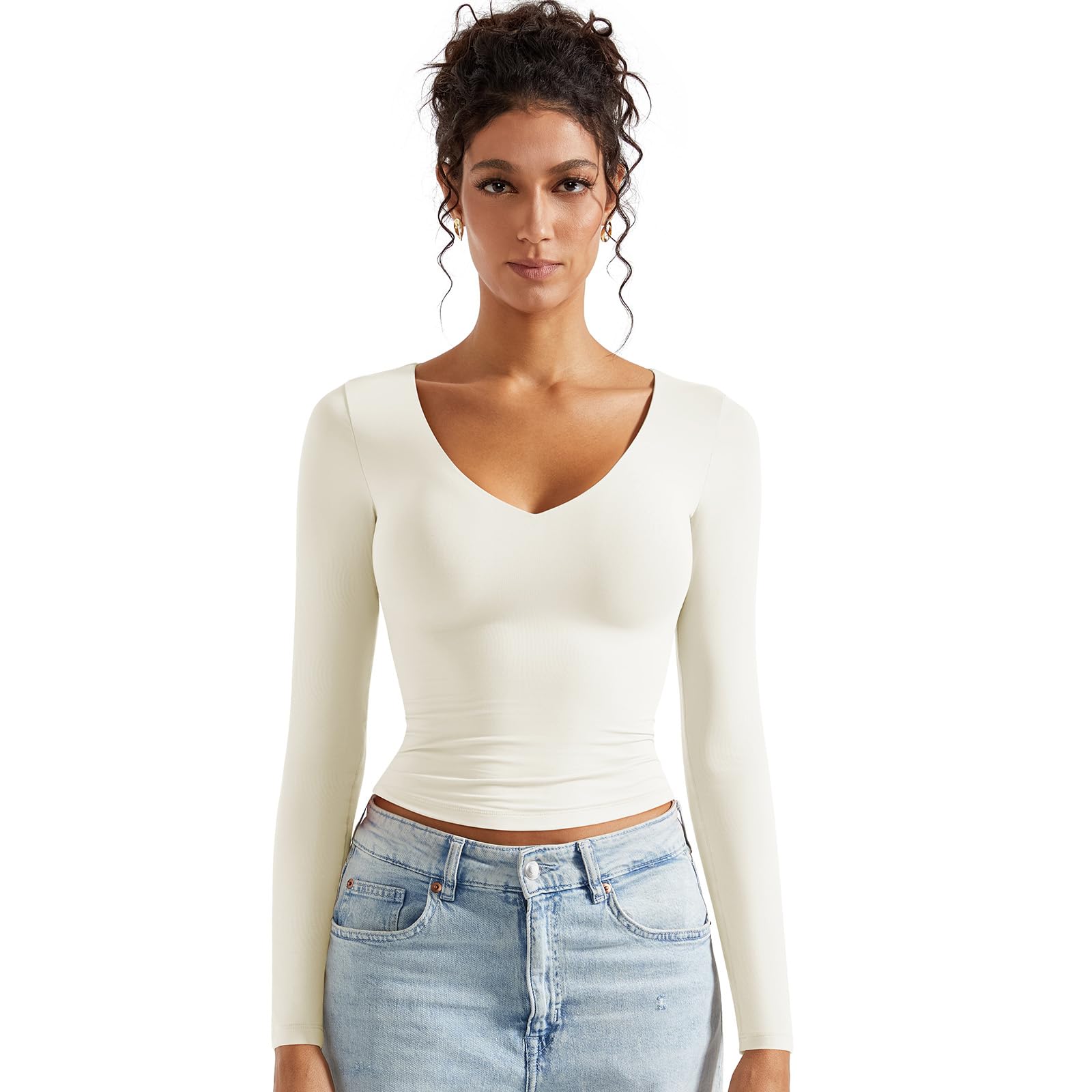 SUUKSESS Women Double Lined Casual V Neck Crop Tank Tops Basic Long Sleeve Shirts