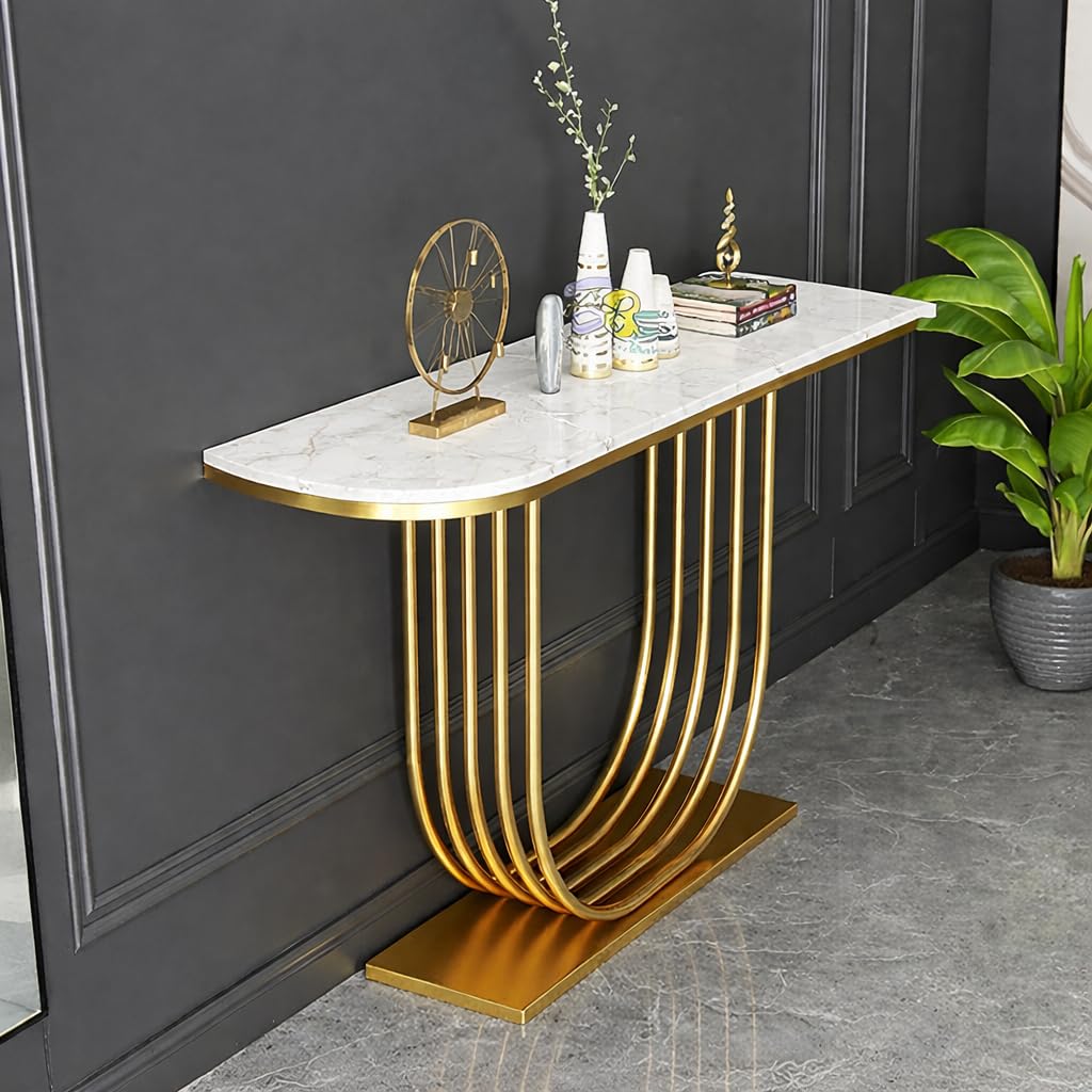 DDS Metal U Side Tables Console Sofa Tables End Table with Engineered Wood Top and Metal Frame Coffee Snack Console Tables for Or Corridor Hallway (Golden White)-image-34