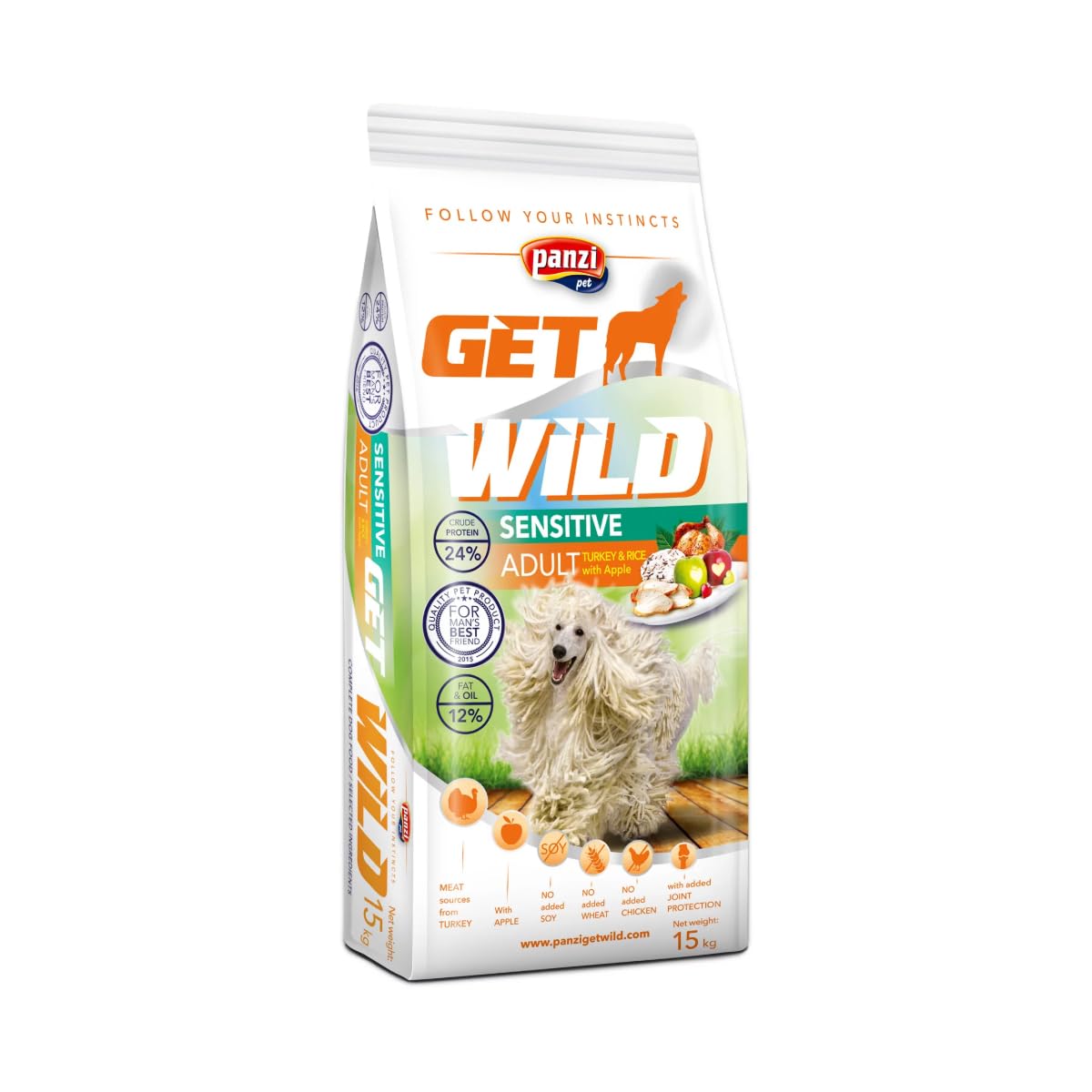 Get Wild - Hipoalergiczna karma dla psów - Przeciw wrażliwym żołądku/jelitom - bez kurczaka - indyk - 15 kg