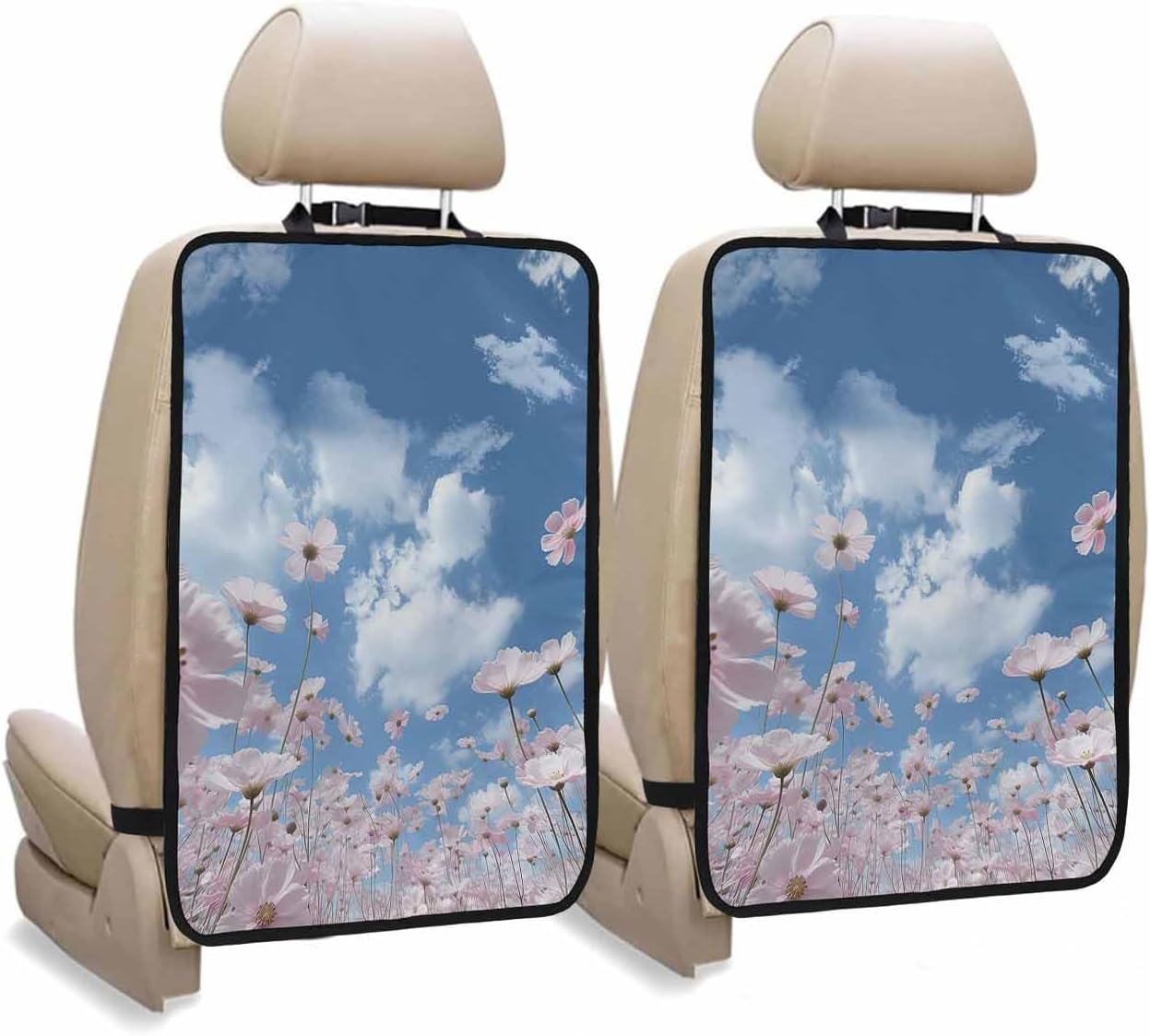 T&H XHome Car Seat Protector, 2 Pack Kick Mats Back Seat Protector Pink Flowers with Blue Sky and White Clouds Waterproof Backseat Cover for Kids Universal Fit Automotive Interior Protectors