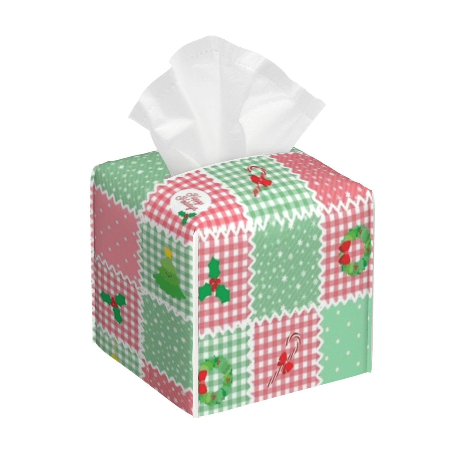 Christmas Gingham Kawaii Aesthetic Tissue Box Cover 5" Square Leather Tissue Holder Facial Tissue Case for Tabletop Bedroom Bathroom Desk Decor
