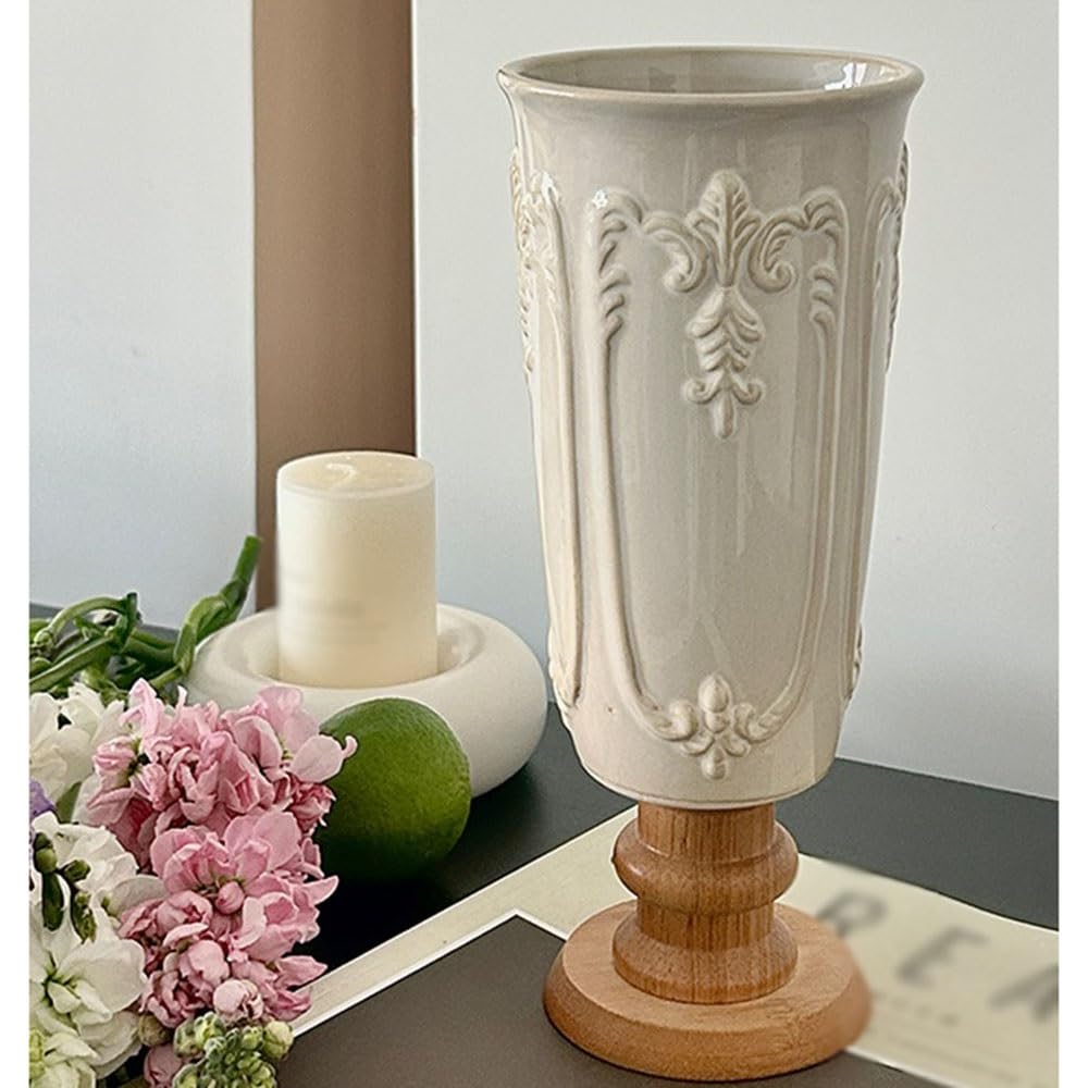 Eleganckie Wazon ceramiczny w stylu vintage z drewnianą podstawą, ozdoba do domu, salon, przedpokój, hydroponiczny Centralne elementy stołu