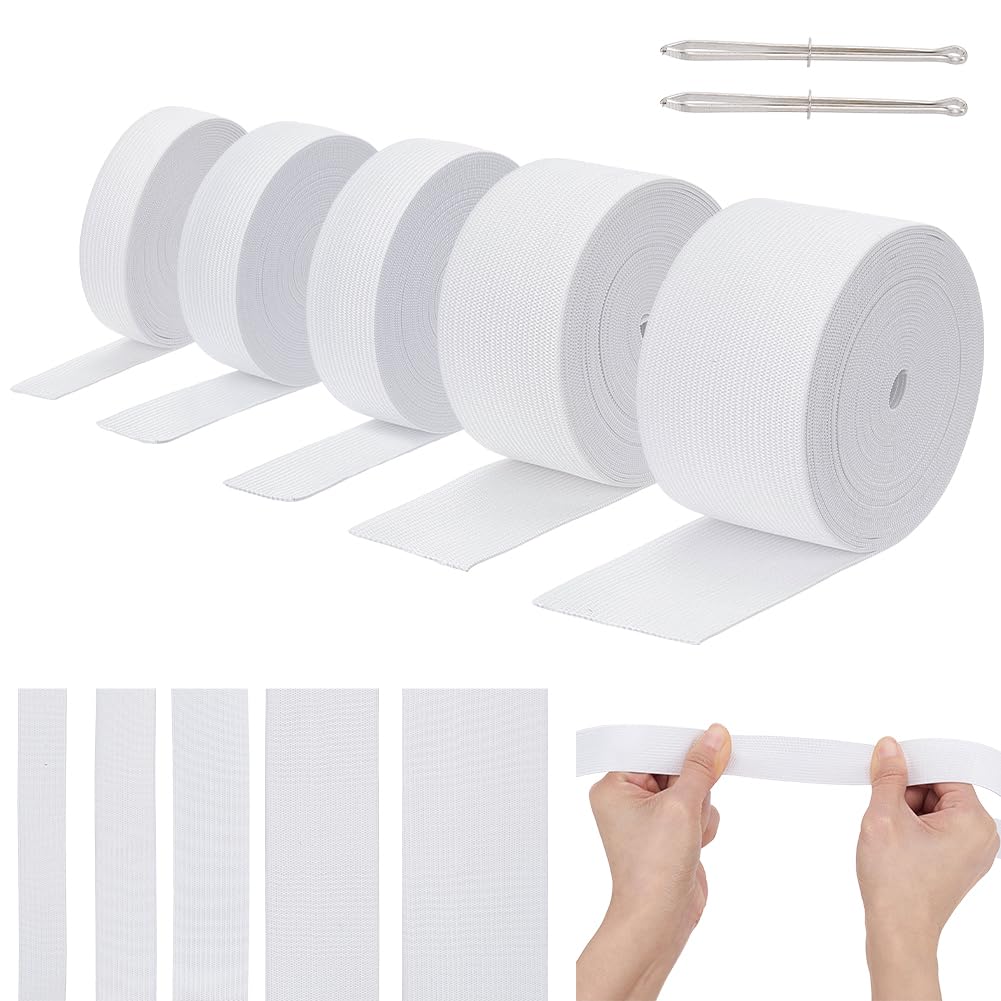 PLIGREAT 5 rotoli di fascia elastica per cucire, 5/3,8/2,5/2/1,5 cm di larghezza, con 2 clip da cucito, lunghezza 25 m, per abbigliamento, cintura, parrucche, artigianato, bianco