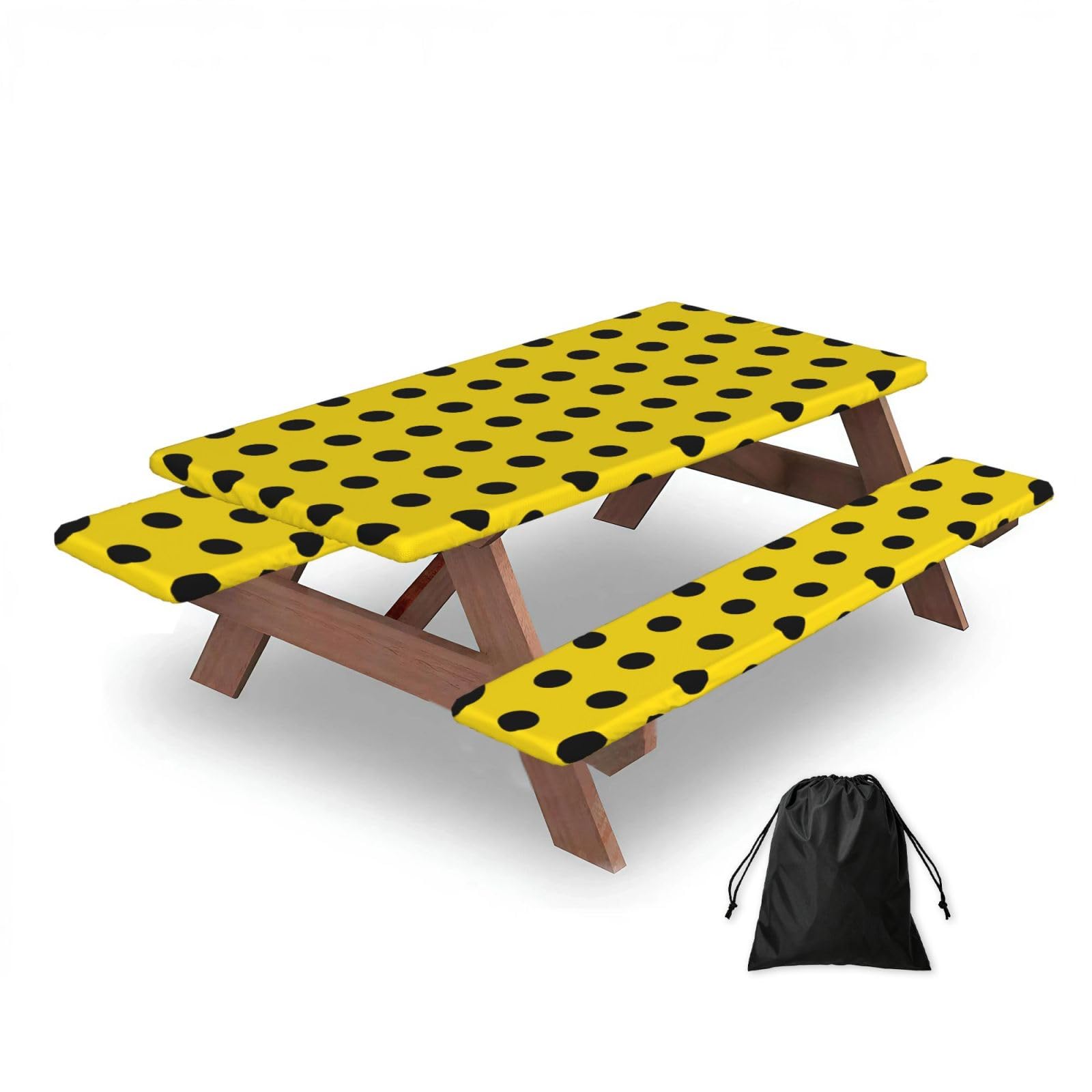 Dopklna As Picture Black And Yellow Polka Dots, Picnic Table Cover With Bench Covers -Waterproof Elastic Fitted Tablecloth For Garden Camping Patio 76X152cm