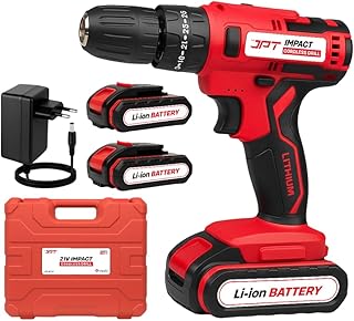 JPT Heavy-Duty 21V Impact Cordless Drill Machine 28N.M Torque 0-1350RPM Speed 25+3 Gears Setting 2 Speed Modes Bright LED Light Forward & Reverse 2000mAh Battery Fast Charger