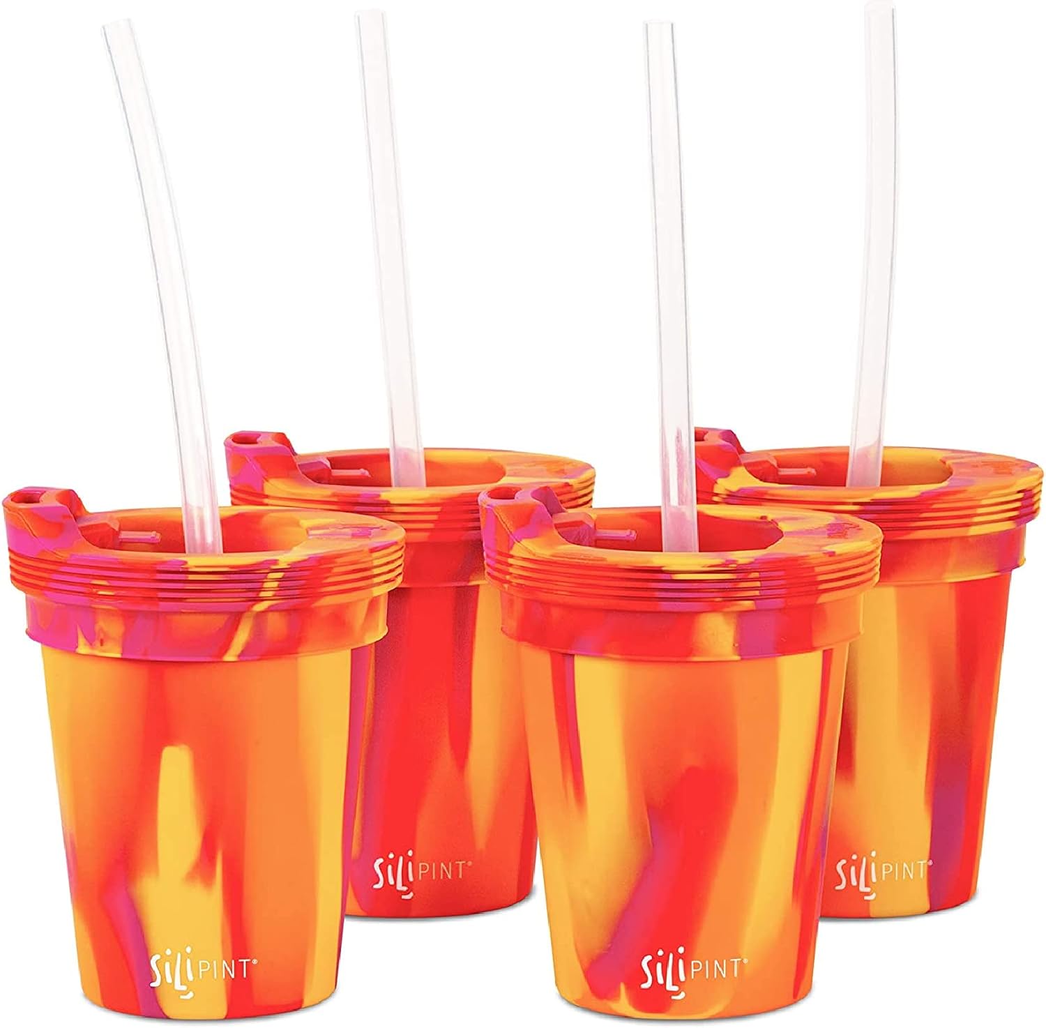 Silipint Silicone Kids’ Cups with Lids and Straws, Unbreakable, Durable, Safe, and Fun Silicone Kids’ Tumblers, Sunfire Smash, Pack of 4