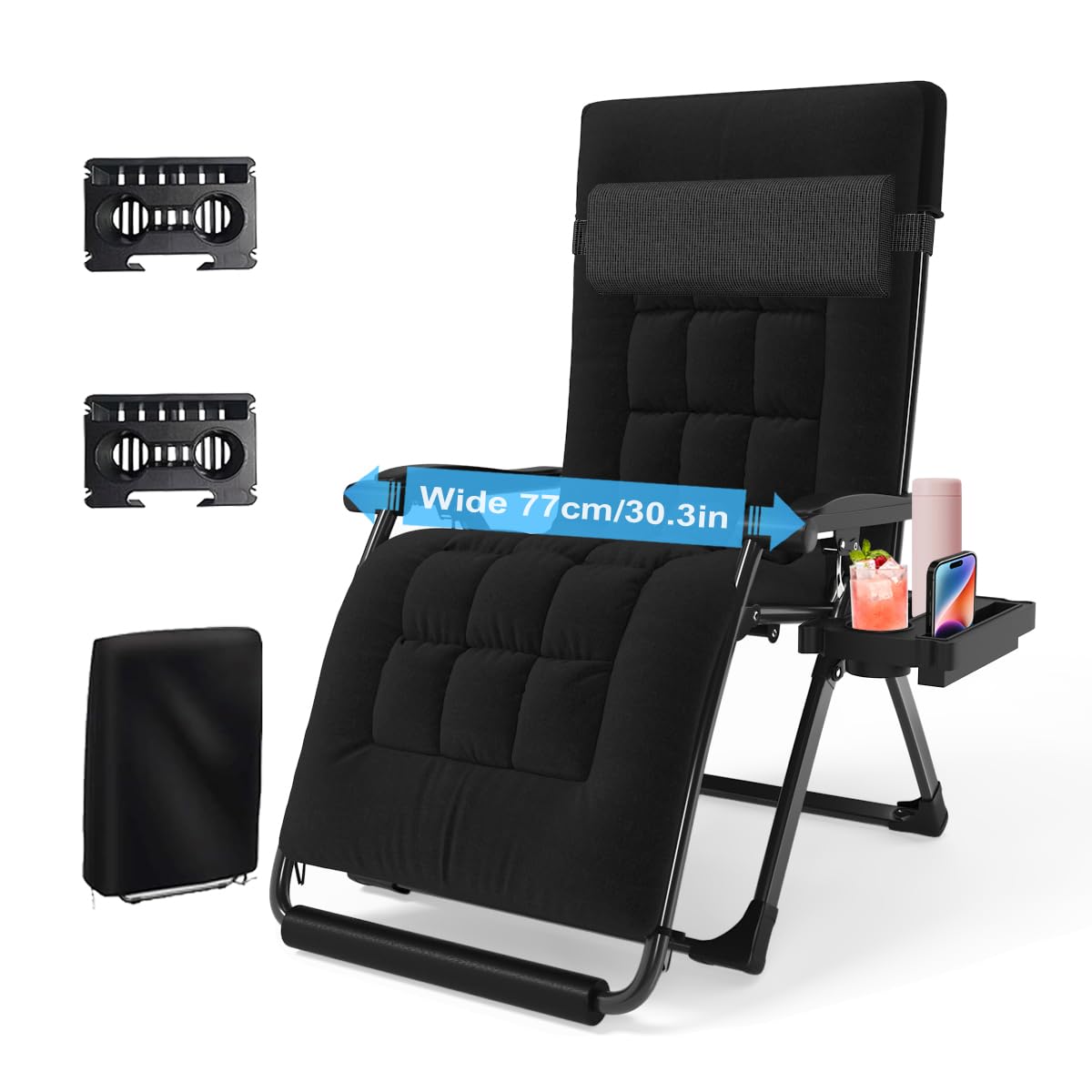 Tumbona Plegable Jardin Acolchada, Tumbonas Jardin Exterior Ajustable con Portavasos y Reposacabezas, Silla de Gravedad Cero Soporta 200 kg para Balcón Terraza (Negro, Extra Ancha 77 cm)