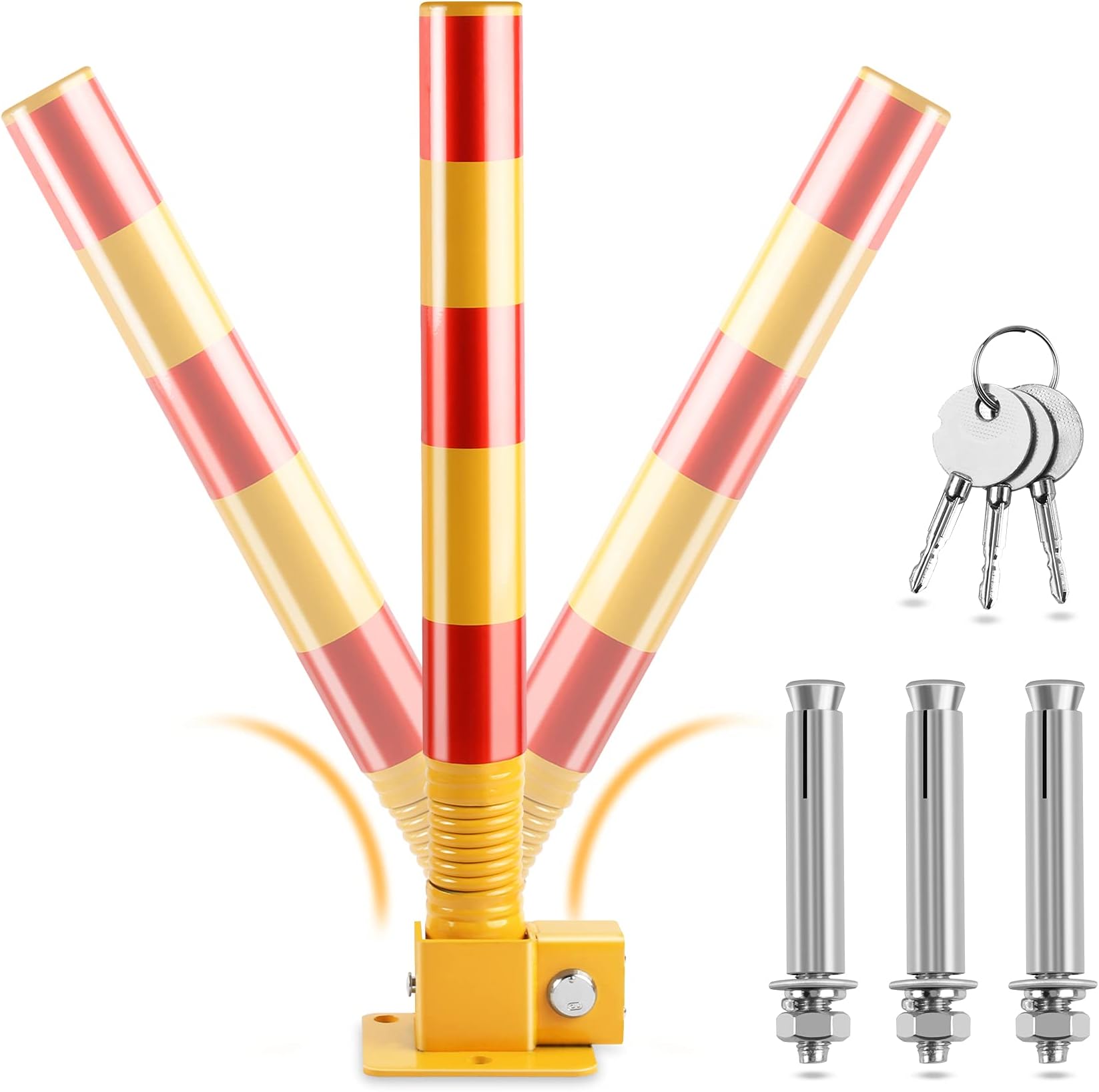 Spring Parking Post, Parking Barrier Parking Lock Folding Heavy Metal Parking Obstacle Pile with Warning Stripes, Parking Piles,Driveway Parking Interceptor Bollard (Red)