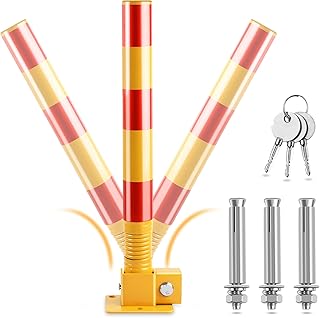 Spring Parking Post, Parking Barrier Parking Lock Folding Heavy Metal Parking Obstacle Pile with Warning Stripes, Parking Piles,Driveway Parking Interceptor Bollard (Red)