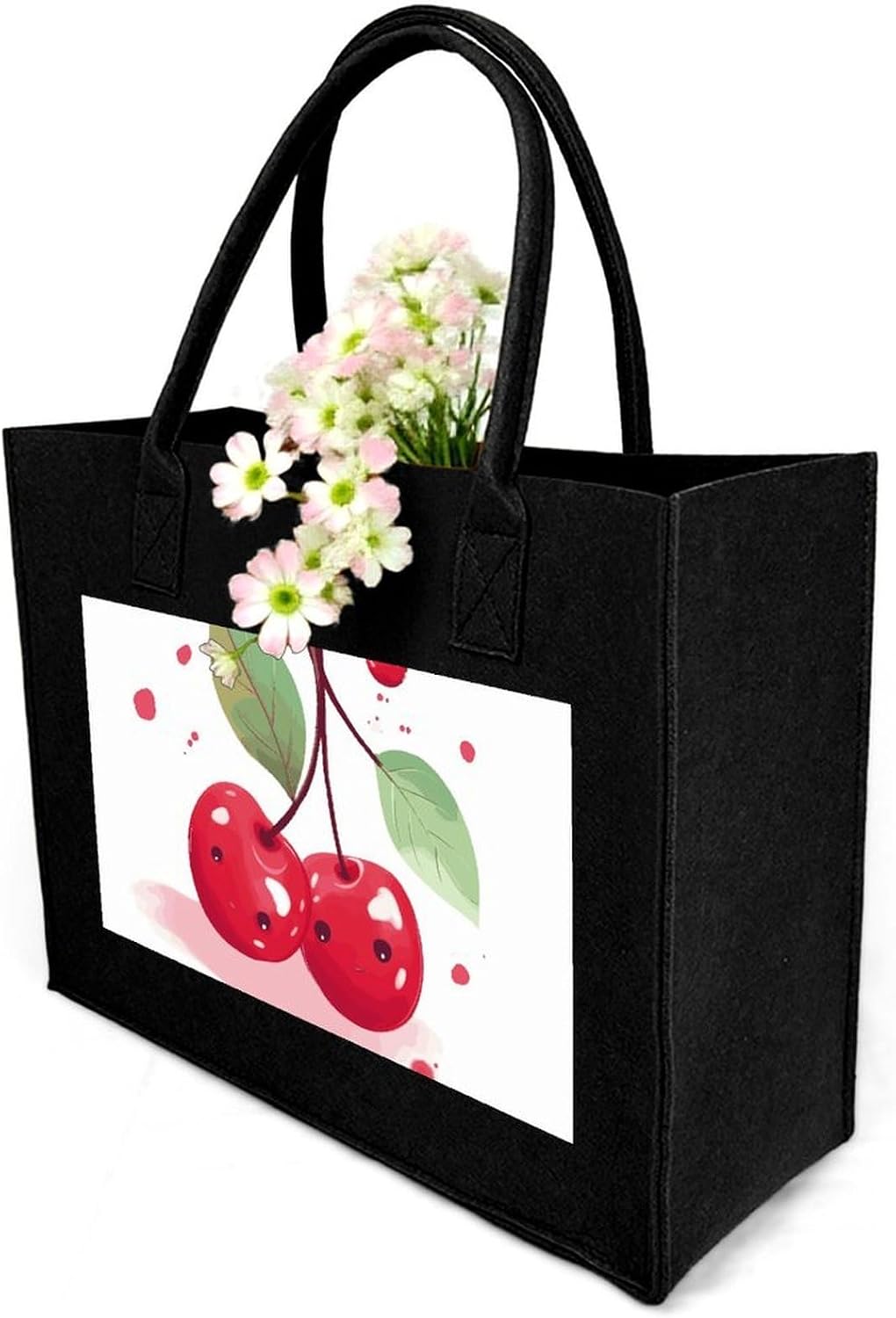 Cute Cherry Tote Bag for Unisex, Large Felt Shopping Bag with Handles, Handbag, Reusable Gift Bag