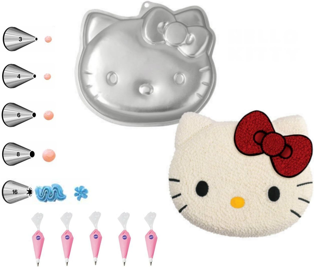 Wilton Hello Kitty Shaped Cake Pan Bundle of 11 Items: Hello Kitty Cake Pan, Decorating Tips and Decorating Bags