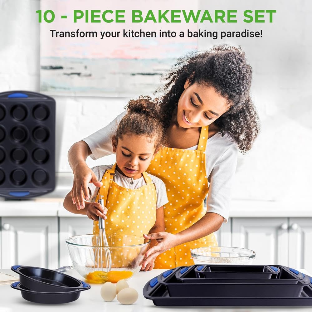 NutriChef Backset 10-teilig Dunkelblau mit blauen Silikongriffen – Backblech, Brotbackform, Muffinform Antihaft Karbonstahl - Stapelbar - Ofenfest bis 230 °C - Spülmaschinenfest