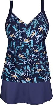 Plus Size Swimsuits Ruched Modest Swimdress Floral Tankini Swimwear Two Piece Skirt Bathing Suit for Women