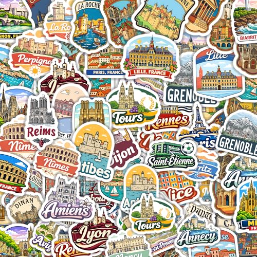 Lot de 75 Stickers Voyage France – Autocollant Scrapbooking Villes Françaises (Paris, Lyon) – Autocollants Décoratifs Vintage & Modernes – Étanche...
