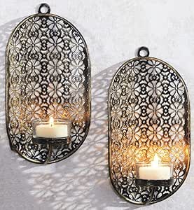 Novaliv 2 x wandkaarsenhouder 2 x led-theelichtjes, 10 x 34,5 x 5,2 cm, zwart, led-kaars, theelichthouder van metaal met glazen kaarsenhouder, decoratie, wanddecoratie, vintage decoratie