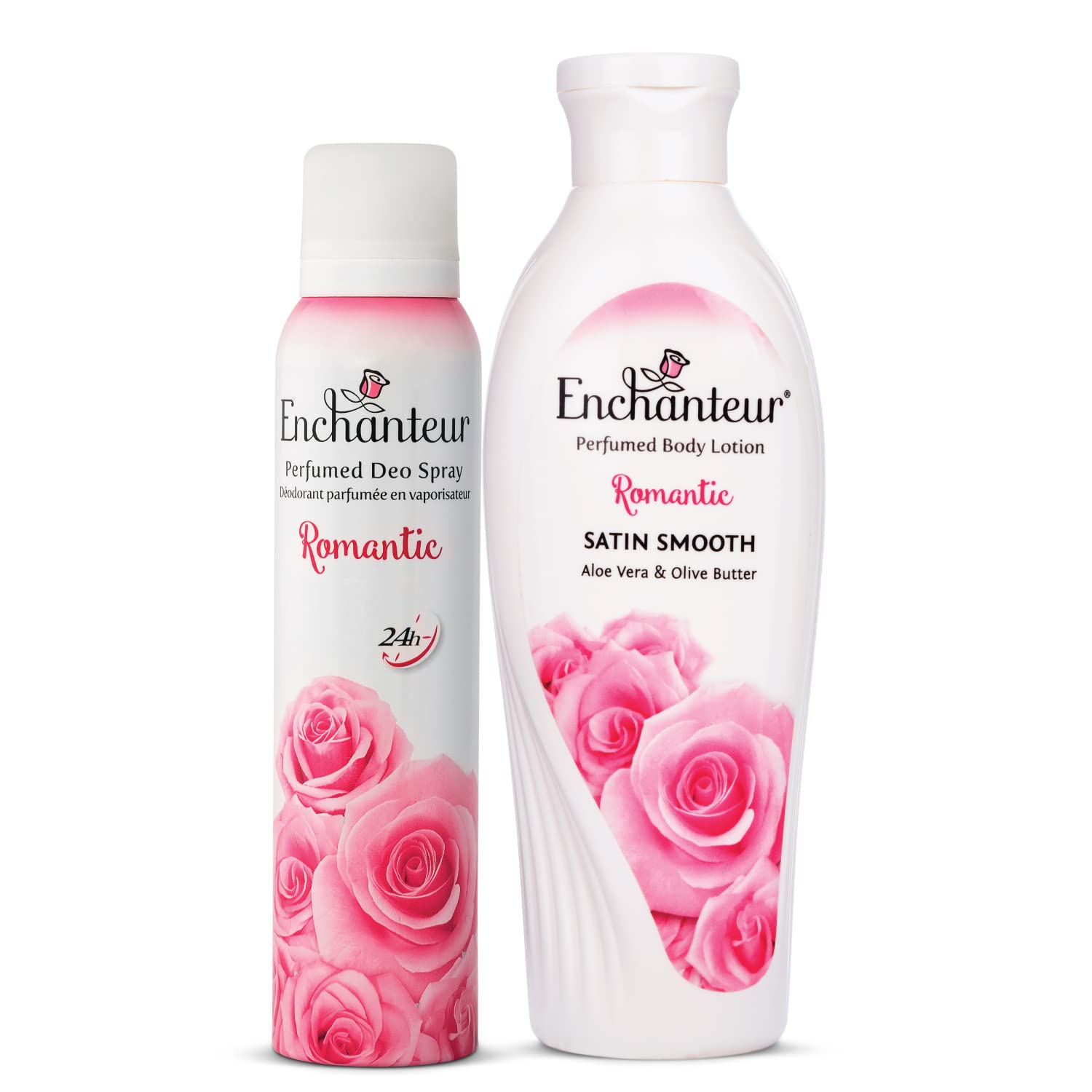 Enchanteur Romantic Perfumed Deo Spray for Women, 150ml And Enchanteur Romantic Perfumed Body Lotion, 250ml, with Aloe Vera & Olive Butter for Satin Smooth Skin