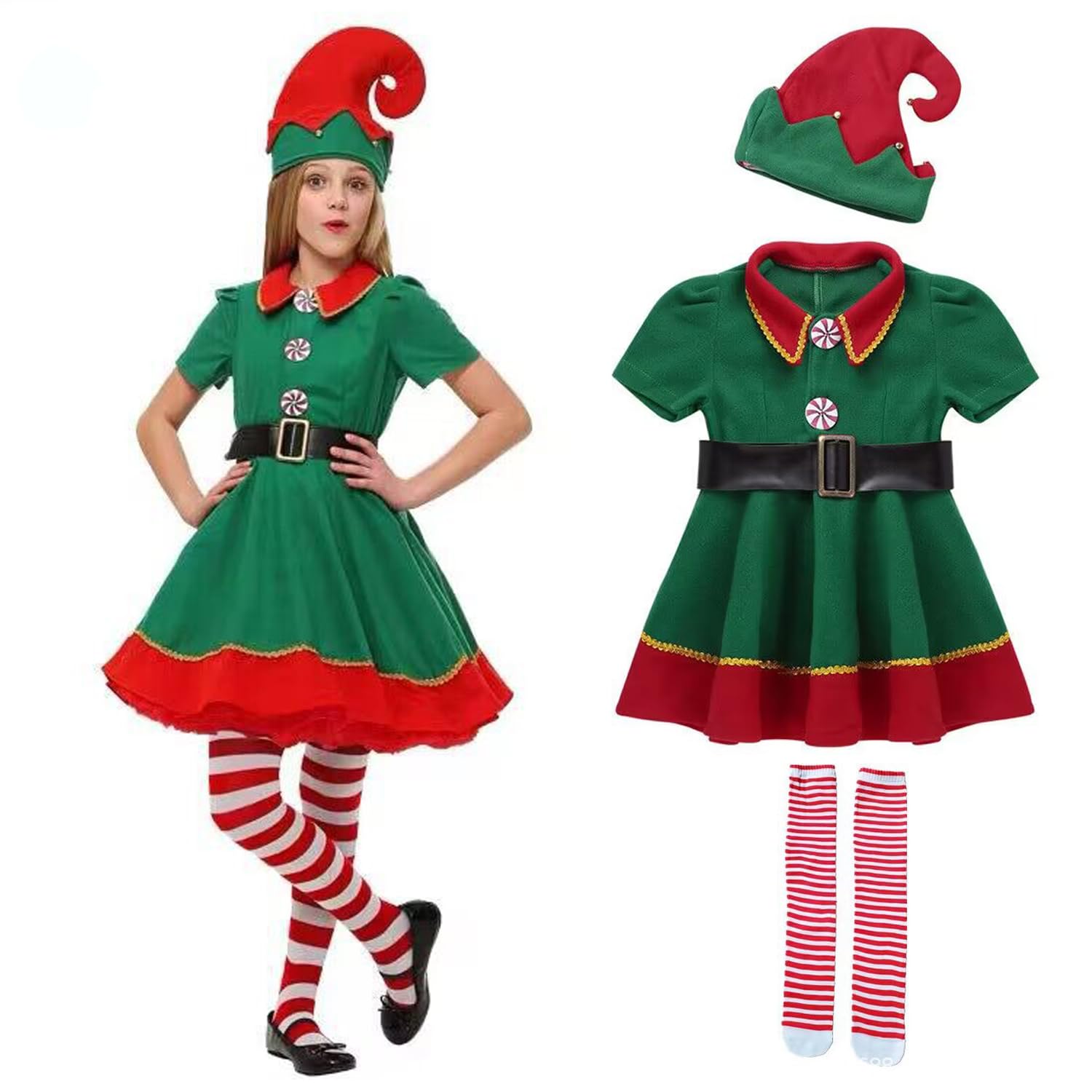 Christmas Elf Costume Set, Christmas Elf Cosply Outfits Dress for Boys & Girls,Include Hat Dress and Striped Socks for Christmas New Year Masquerade Party