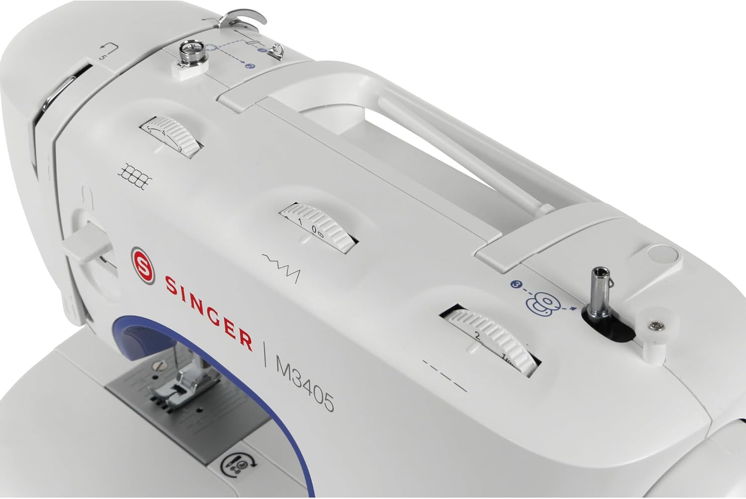 മുകളിൽ view of the SINGER SGM-M3405 sewing machine showing threading path