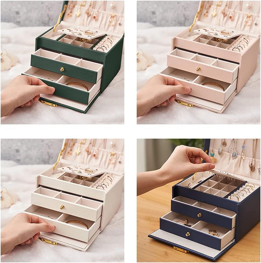 Portable Jewelry Box with Lock, 3 Layer Jewelry Organizer Case for Women Girls, Suitable for Earrings, Bracelets, Rings, Watches and Accessories Storage and Display (Navy Blue)