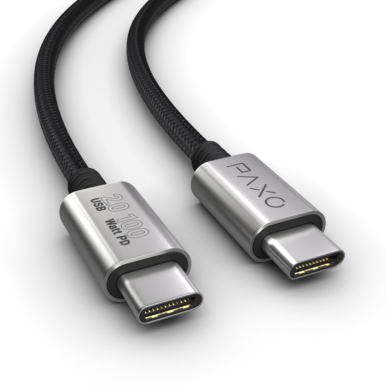 PAXO 0,2m Ladekabel, 100W Power Delivery, USB C auf USB C Kabel, USB 2.0, elegante Metallstecker, besonders flexibler Stoffmantel in schwarz