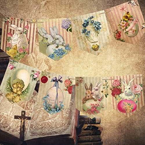 Vintage Easter Decorations Easter Banner, Easter Bunting Easter Gifts for Kids with Cute Bunny and Egg Pattern, Easter Decorations Home Easter Garland for Fireplace Indoor Outdoor Easter Party