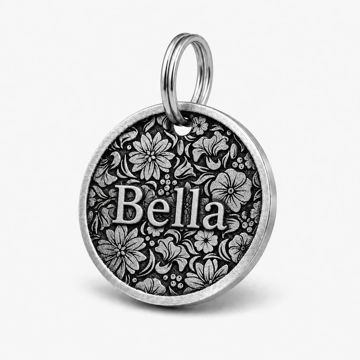 Personalised Dog Tag & Cat ID, Solid Brass with 3D Floral Wreath, Deep Engraved Name & Contact, Premium Pet Charm UK, Secure Ring Clasp – 25/30mm