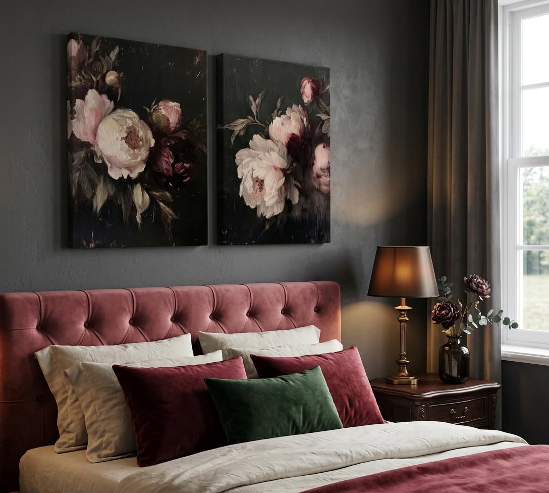 KKJ Vintage Floral Canvas Wall Art Set of 2, Dark Moody Peony Rose Painting Prints, Canvas Wrapped Wall Decor for Living Room Bedroom Bathroom, 12 x 16 Inch Each