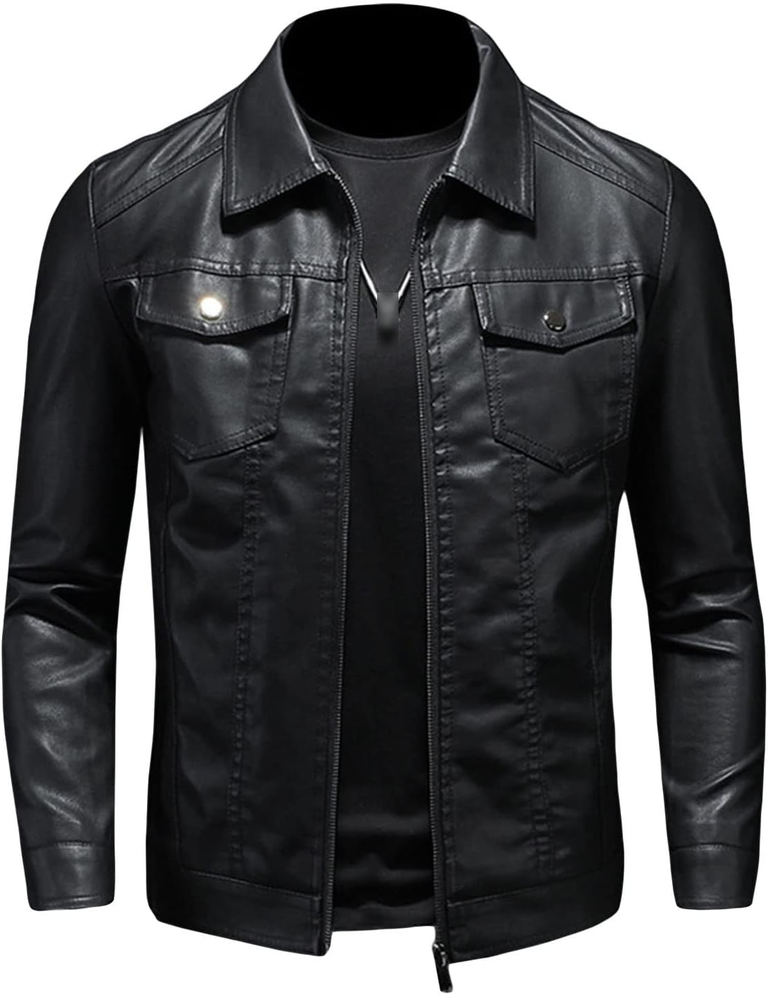 Men's Slim Fit Leather Jacket Zip Up Lapel Thicken Motorcycle Coat Fall Winter Casual Cardigan Bomber Outwear