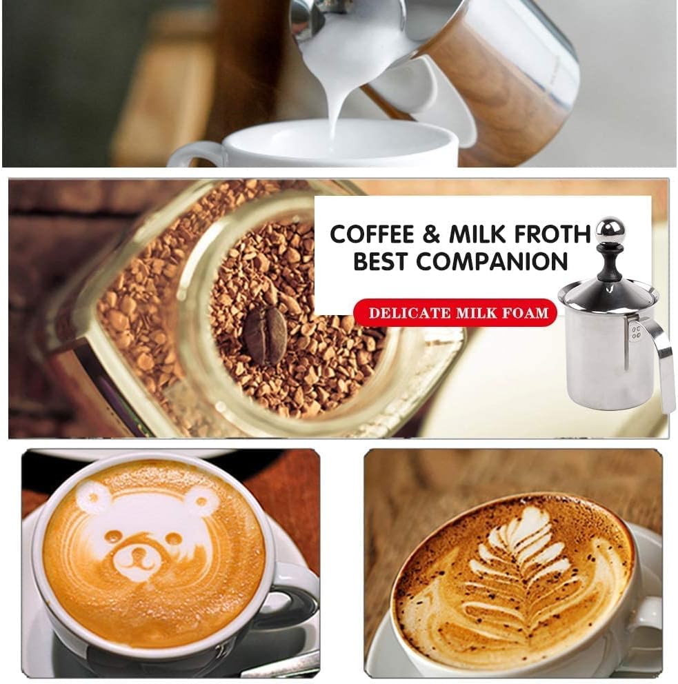 Milk Frother, Freezer Stainless Steel Hand Pump Milk Frother, Cappuccino Coffee Frother Double Froth Pump, Milk Coffee Foam Maker Mixer Hand Blender Creamer Beater (400ml)