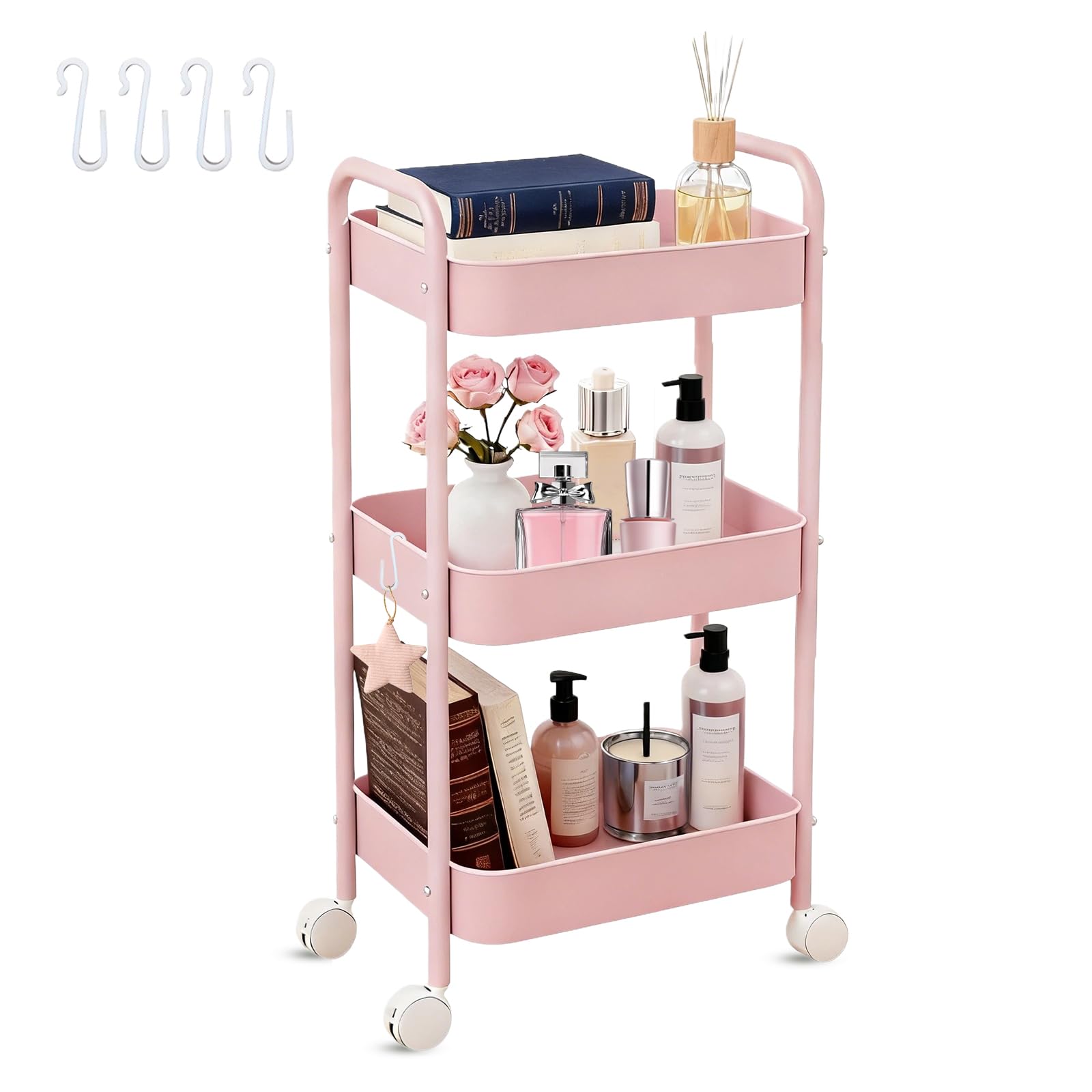 3 Tier Storage Trolley on Wheels with Caster Wheels, Kitchen Trolley with Hook, 78cm/30 inch Height Small Metal Utility Cart Organizer Rack Shelf, Easy Assembly for Beauty Trolleys, Bathroom ( Pink )