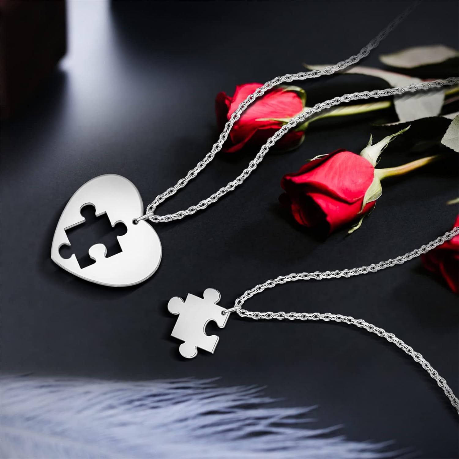 MissNaNa Personalized Couple Name Necklace Puzzle Matching Set Engraved His and Hers Broken 2 Half Piece Heart Pendant Custom Love Valentine's Day Jewelry Gift