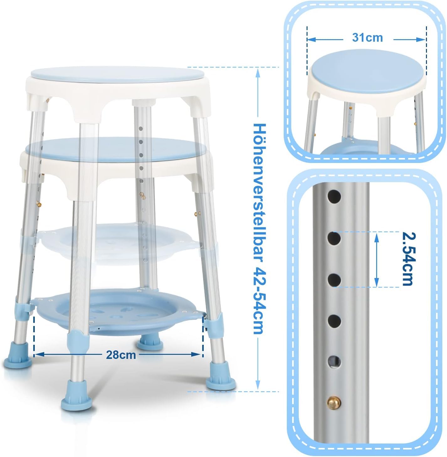 Taboret prysznicowy, krzesło prysznicowe, obracane o 360°, stołek łazienkowy, taboret z miejscem do przechowywania, regulacja wysokości 42-54 cm, obciążenie 136 kg, stabilny taboret łazienkowy