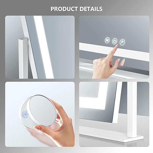 Lighted Makeup Mirror, Hollywood Vanity Mirror with Lights, Three Color Lighting Modes, and Detachable 10X Magnification Mirror, Smart Touch Control, 360°Rotation (15.2in. Curved)(Black,15.2"L x 13"W)