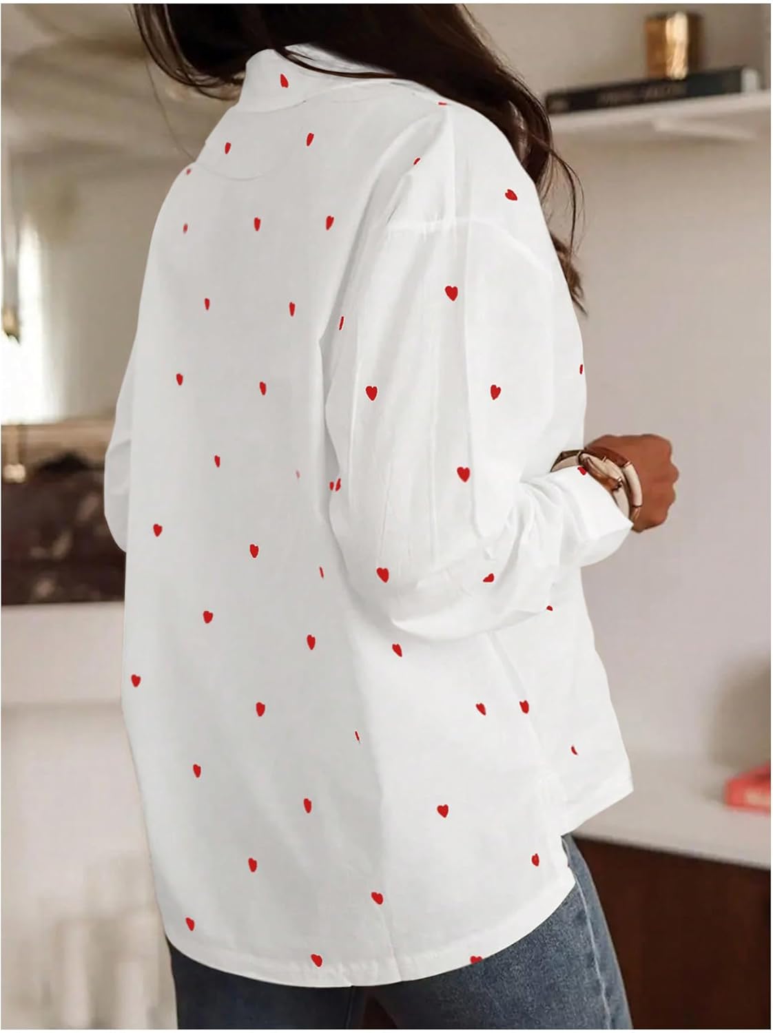 GORGLITTER Women's Valentine Heart Shirt Long Sleeve Button Up Shirt Dressy Lapel Collared Blouses Cute Casual Outfits - Image 2