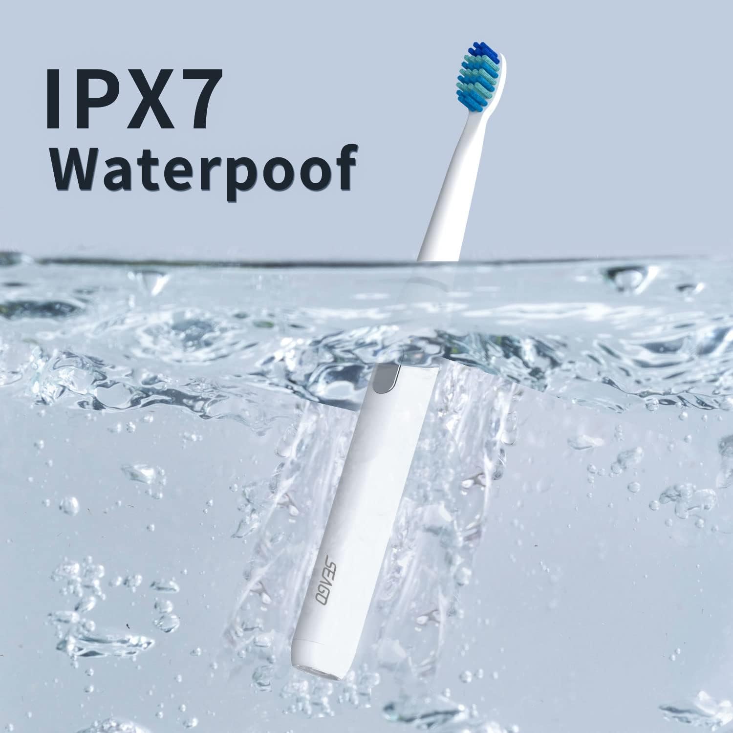Seago SG-551 electric toothbrush partially submerged in water, demonstrating its IPX7 waterproof rating.