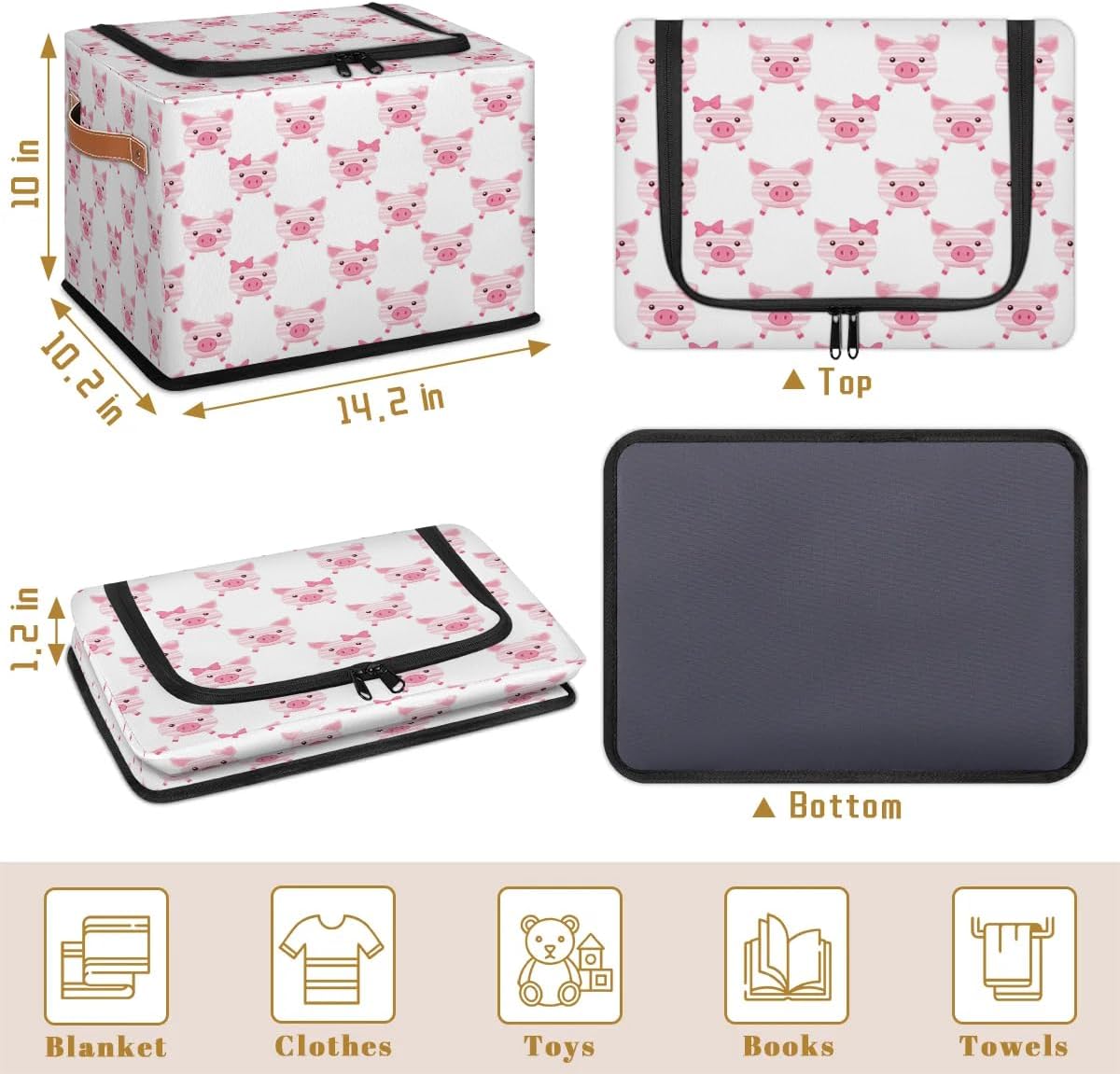 Cute Cartoon Pig Storage Box with Lid and Handles Foldable Cloth Storage Basket Bin Bags for Shelves Closet Shelf Toys Clothes Bed Sheets Organizer 2 Pack