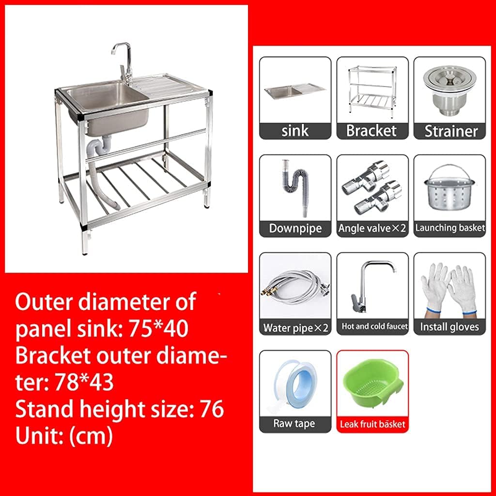 Stainless Steel Commercial Kitchen Prep & Utility Sink,Kitchen 304 Stainless Steel Sink, Integrated Countertop, Household Simple Kitchen Sink, Single Sink with Stand, Dishwashing Sink
